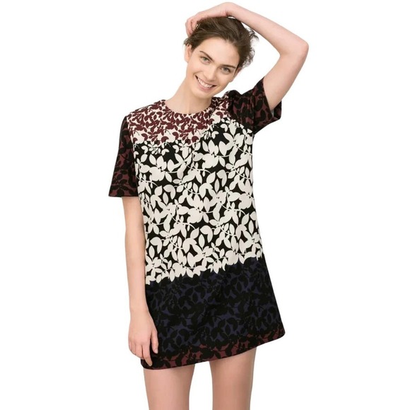 Zara Mini Shift Dress Leaf Print Red/Blue/Burgundy XS - Picture 1 of 9